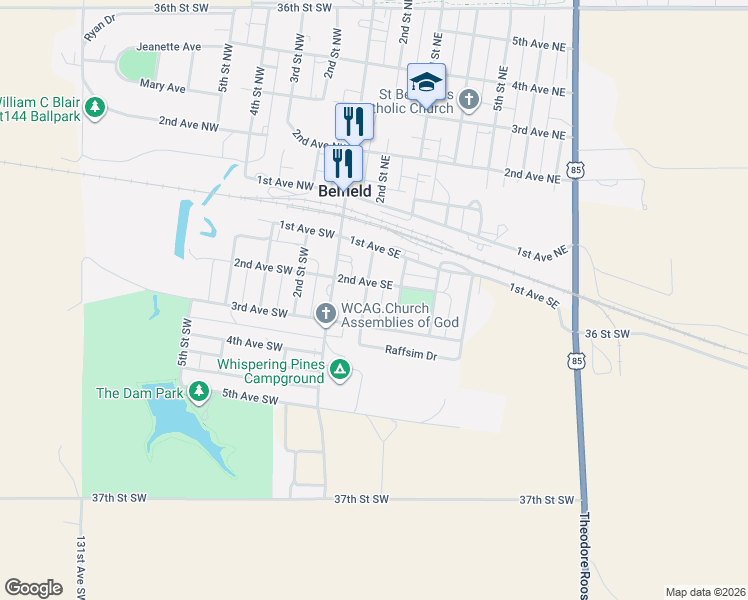 map of restaurants, bars, coffee shops, grocery stores, and more near 202 2nd Avenue Southeast in Belfield