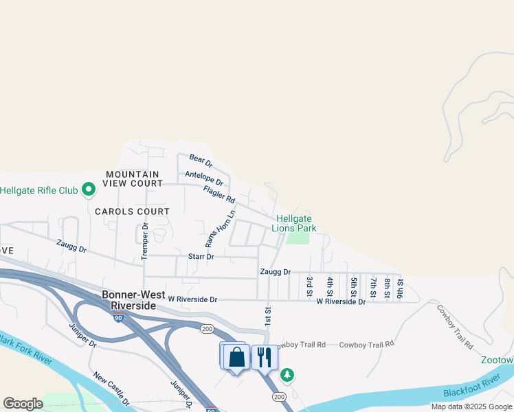 map of restaurants, bars, coffee shops, grocery stores, and more near 1402 Sunset Pines Court in Missoula