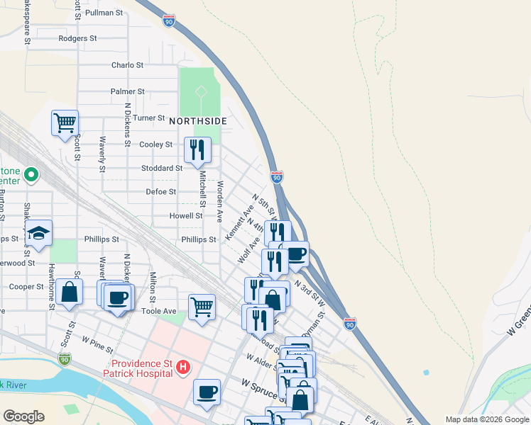 map of restaurants, bars, coffee shops, grocery stores, and more near 635 North 5th Street West in Missoula