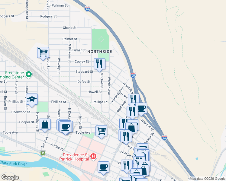 map of restaurants, bars, coffee shops, grocery stores, and more near 734 North 4th Street West in Missoula