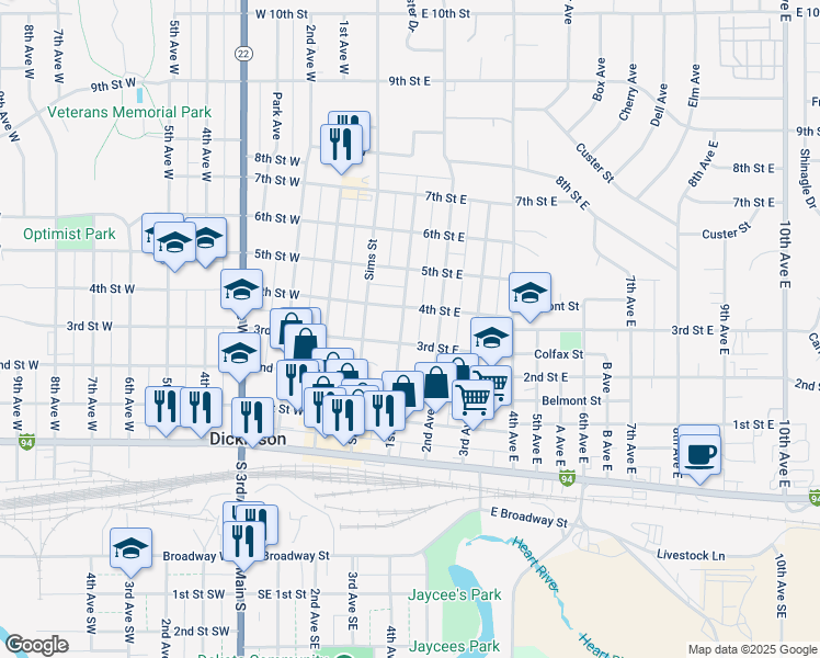 map of restaurants, bars, coffee shops, grocery stores, and more near 322 1st Avenue East in Dickinson