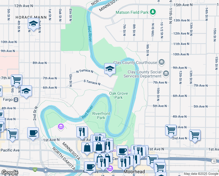 map of restaurants, bars, coffee shops, grocery stores, and more near 108 South Terrace North in Fargo