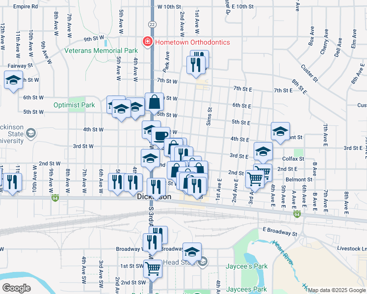 map of restaurants, bars, coffee shops, grocery stores, and more near 300-398 2nd Avenue West in Dickinson
