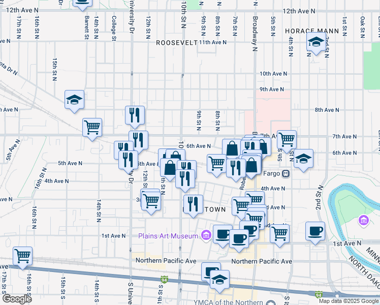 map of restaurants, bars, coffee shops, grocery stores, and more near in Fargo