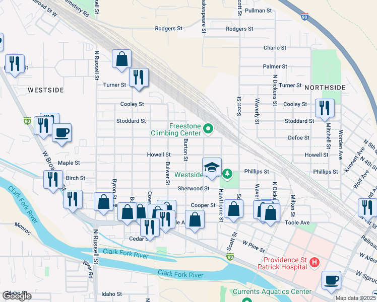 map of restaurants, bars, coffee shops, grocery stores, and more near 1120 Burton Street in Missoula