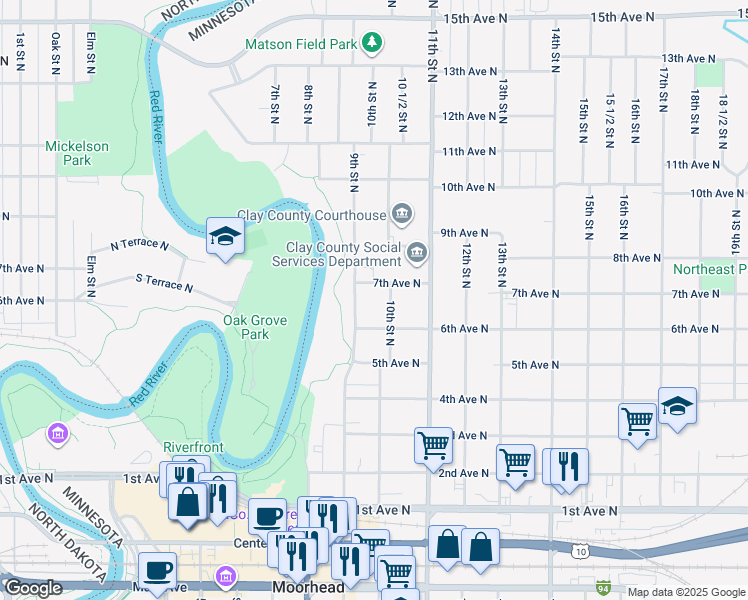 map of restaurants, bars, coffee shops, grocery stores, and more near 915 7th Avenue North in Moorhead
