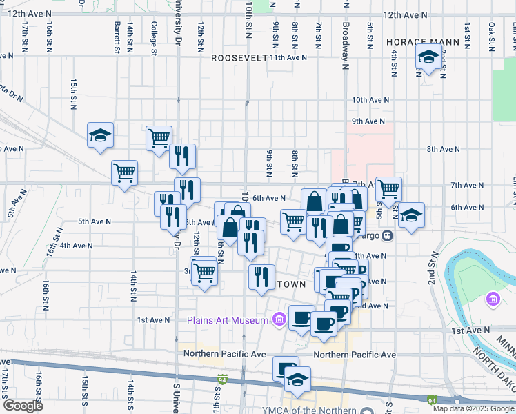 map of restaurants, bars, coffee shops, grocery stores, and more near in Fargo