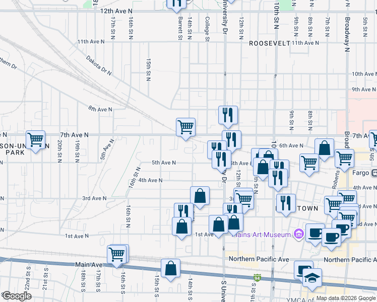 map of restaurants, bars, coffee shops, grocery stores, and more near 516 14th Street North in Fargo