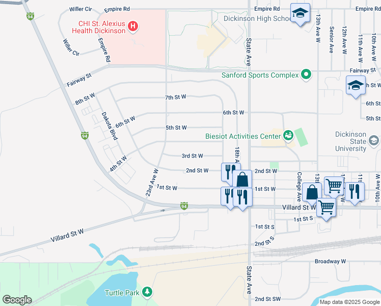 map of restaurants, bars, coffee shops, grocery stores, and more near 2134 3rd Street West in Dickinson