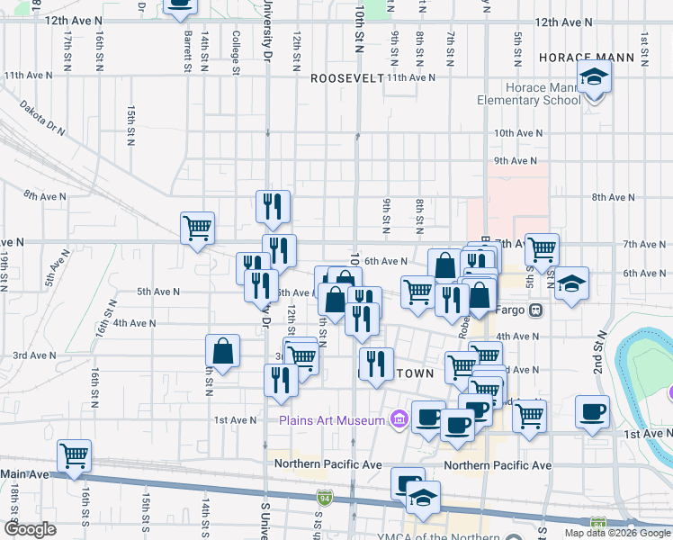 map of restaurants, bars, coffee shops, grocery stores, and more near 1002 6th Avenue North in Fargo