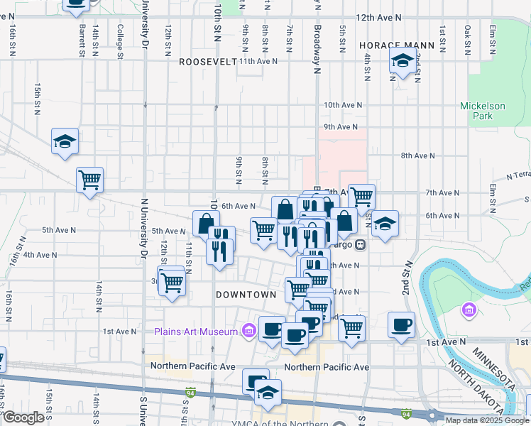 map of restaurants, bars, coffee shops, grocery stores, and more near 720 6th Avenue North in Fargo