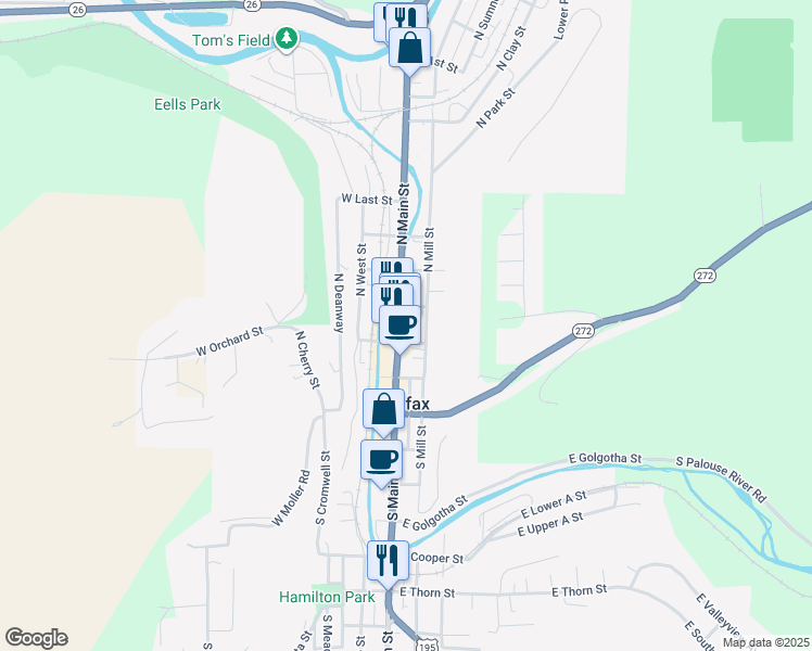 map of restaurants, bars, coffee shops, grocery stores, and more near 212 North Main Street in Colfax