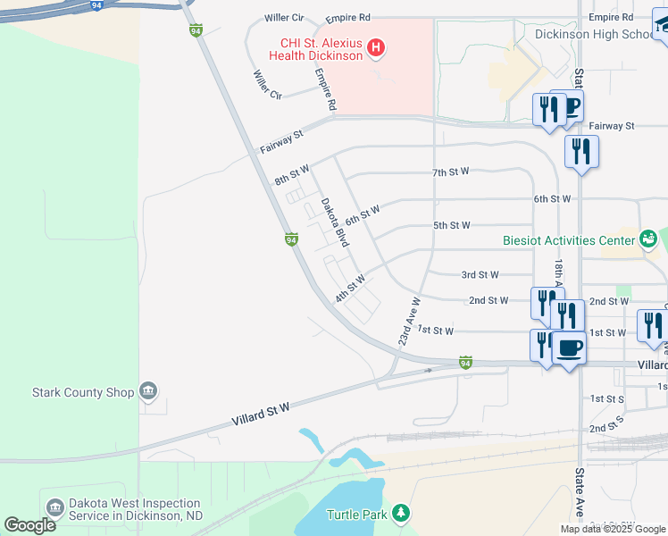 map of restaurants, bars, coffee shops, grocery stores, and more near 2540 4th Street West in Dickinson