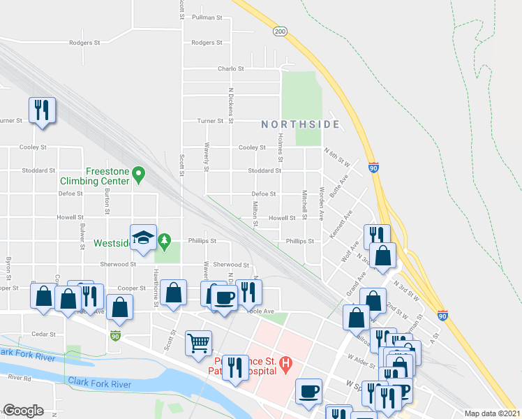 map of restaurants, bars, coffee shops, grocery stores, and more near 725 Defoe Street in Missoula