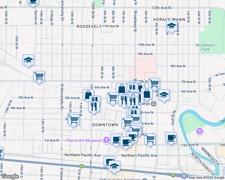 map of restaurants, bars, coffee shops, grocery stores, and more near 719 6th Avenue North in Fargo