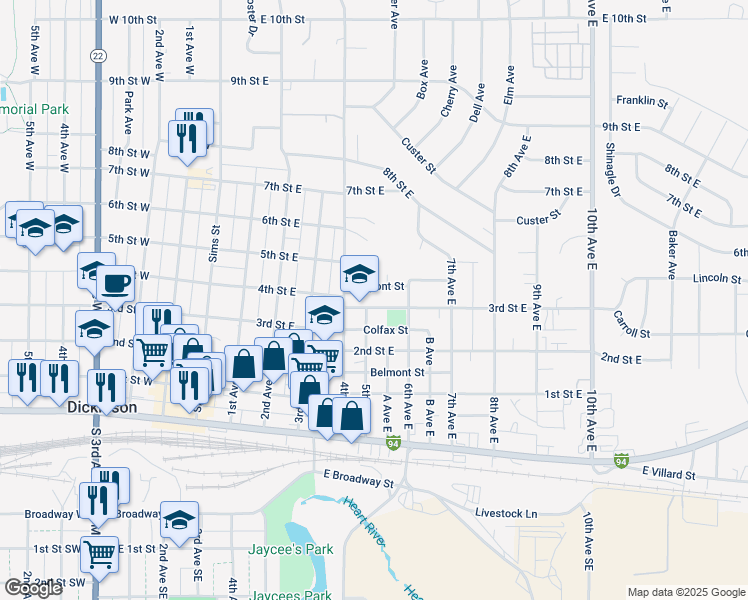 map of restaurants, bars, coffee shops, grocery stores, and more near 515 3rd Street East in Dickinson