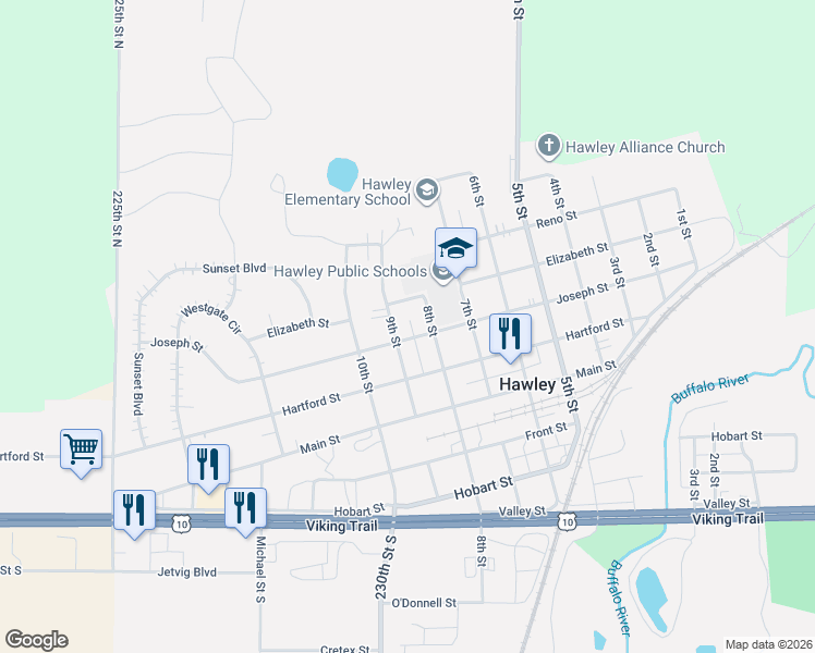 map of restaurants, bars, coffee shops, grocery stores, and more near 802 Joseph Street in Hawley