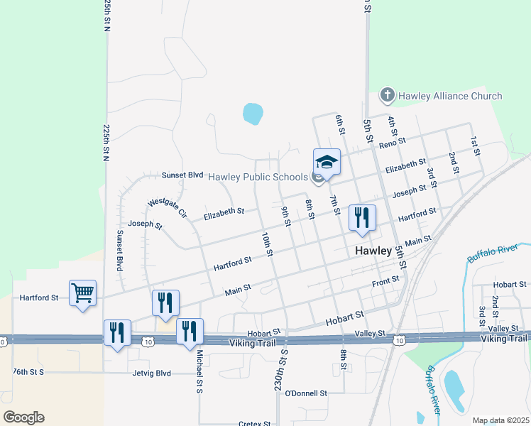 map of restaurants, bars, coffee shops, grocery stores, and more near 1002 Elizabeth Street in Hawley