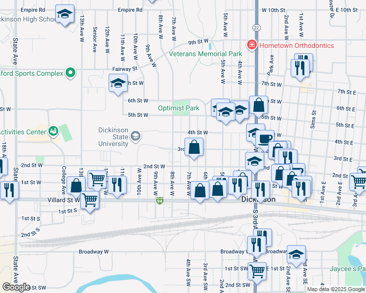 map of restaurants, bars, coffee shops, grocery stores, and more near 720 3rd Street West in Dickinson