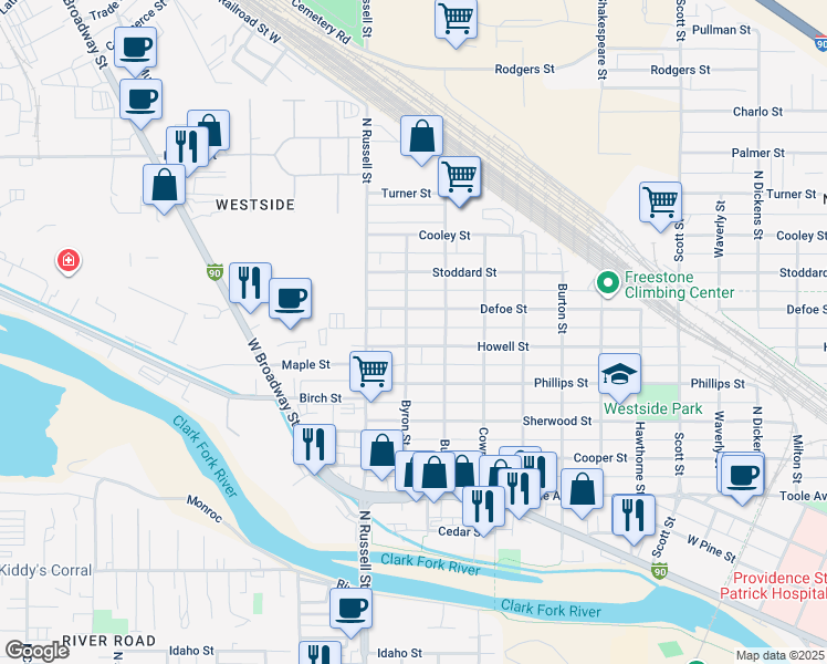 map of restaurants, bars, coffee shops, grocery stores, and more near 1110 Byron St in Missoula