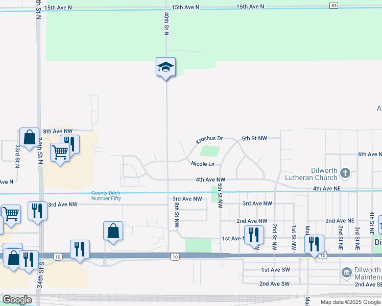 map of restaurants, bars, coffee shops, grocery stores, and more near Kroshus Drive in Dilworth