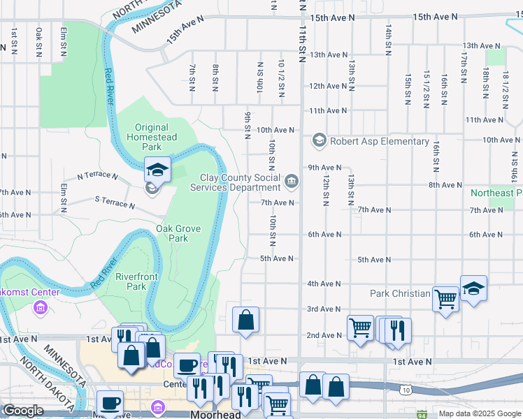 map of restaurants, bars, coffee shops, grocery stores, and more near 915 7th Avenue North in Moorhead
