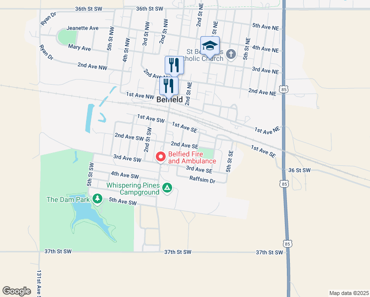 map of restaurants, bars, coffee shops, grocery stores, and more near 202 2nd Street Southeast in Belfield