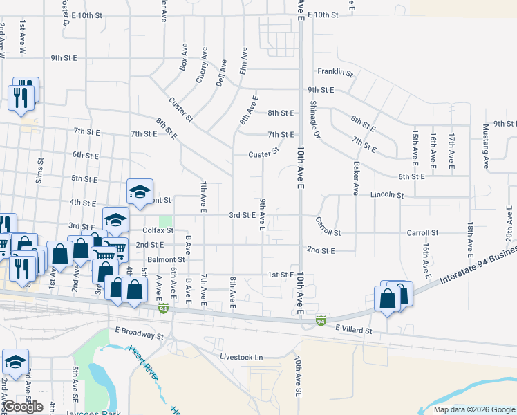 map of restaurants, bars, coffee shops, grocery stores, and more near 350 9th Avenue East in Dickinson