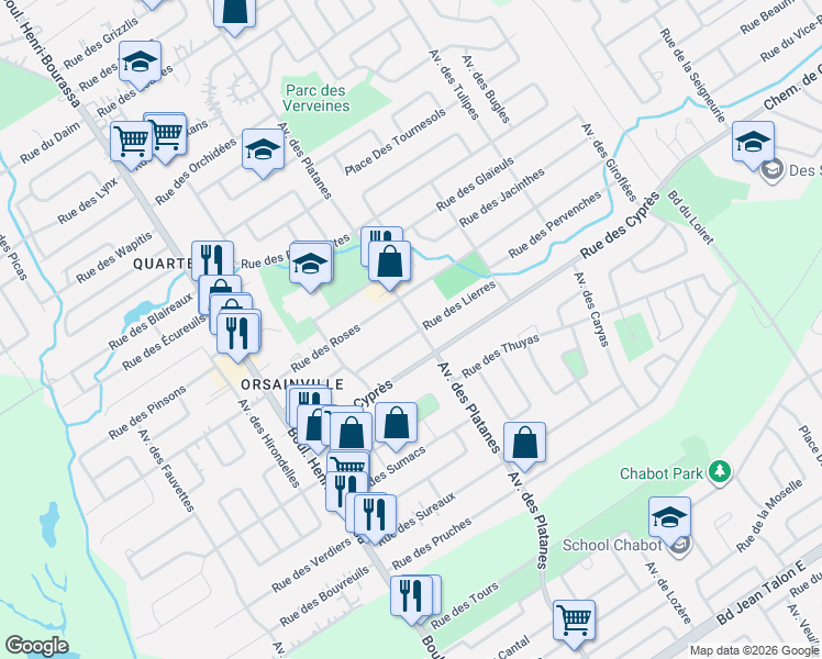 map of restaurants, bars, coffee shops, grocery stores, and more near 4433 Rue des Lierres in Québec