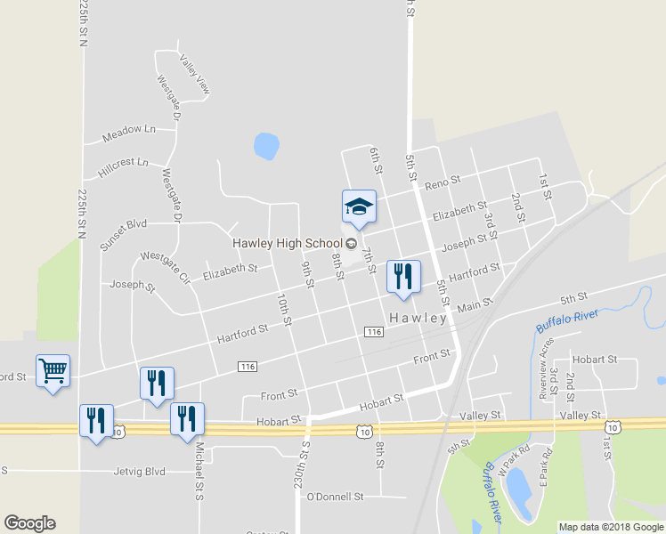 map of restaurants, bars, coffee shops, grocery stores, and more near 802 Joseph Street in Hawley