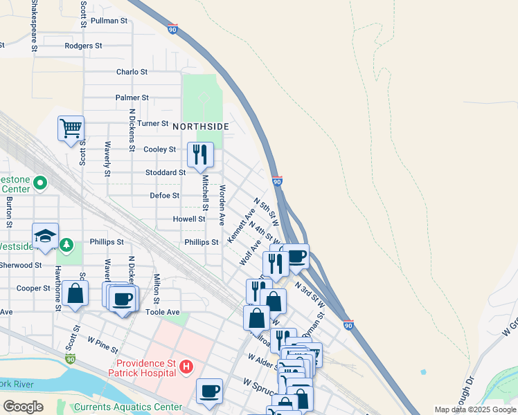 map of restaurants, bars, coffee shops, grocery stores, and more near 635 North 5th Street West in Missoula