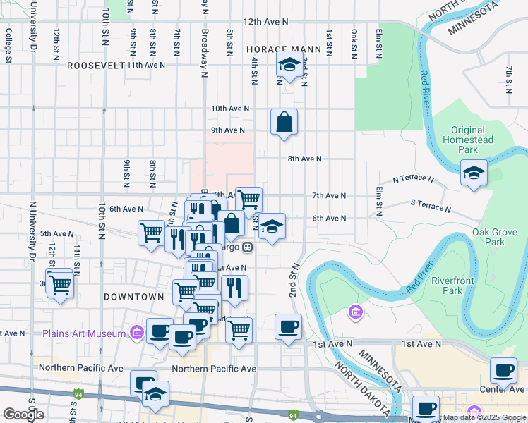 map of restaurants, bars, coffee shops, grocery stores, and more near 601 4th Street North in Fargo