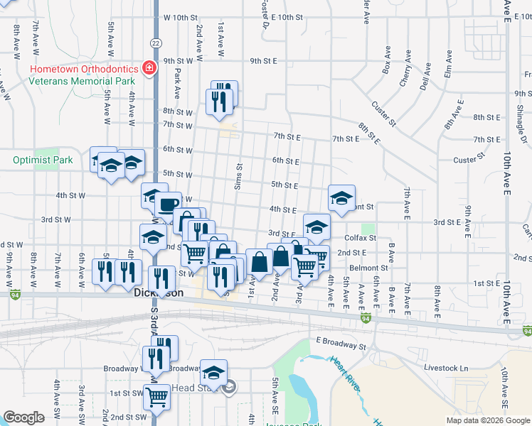 map of restaurants, bars, coffee shops, grocery stores, and more near 338 1st Avenue West in Dickinson