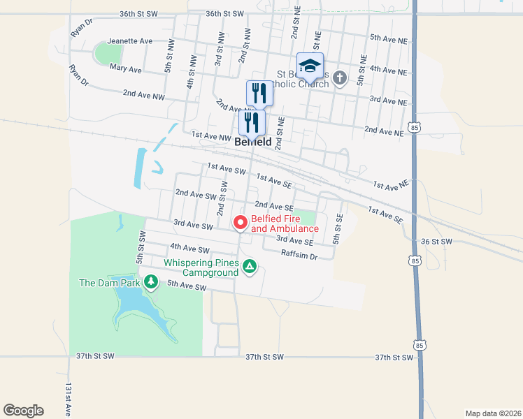 map of restaurants, bars, coffee shops, grocery stores, and more near 202 2nd Street Southeast in Belfield