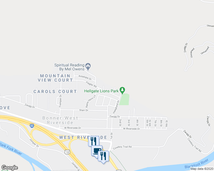 map of restaurants, bars, coffee shops, grocery stores, and more near 1402 Sunset Pines Court in Missoula
