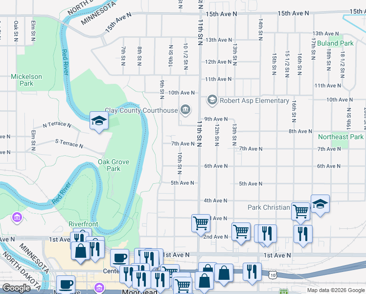 map of restaurants, bars, coffee shops, grocery stores, and more near 1015 7th Avenue North in Moorhead