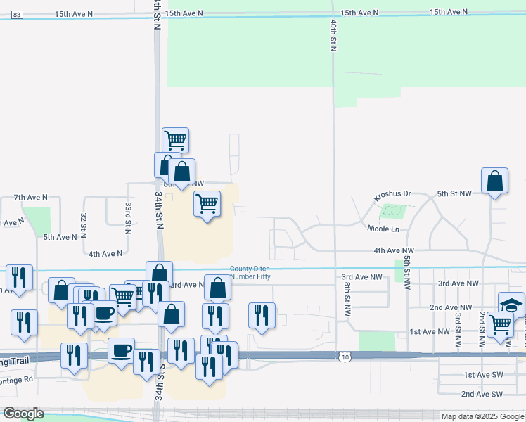 map of restaurants, bars, coffee shops, grocery stores, and more near 1207 4th Avenue Northwest in Dilworth