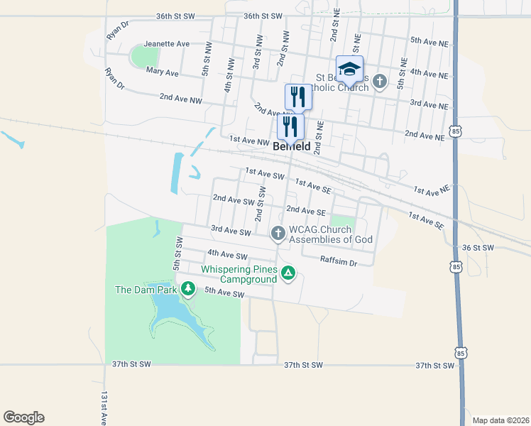 map of restaurants, bars, coffee shops, grocery stores, and more near 206 2nd Street Southwest in Belfield