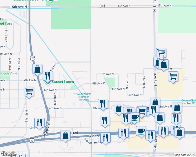 map of restaurants, bars, coffee shops, grocery stores, and more near 612 29th Street North in Moorhead