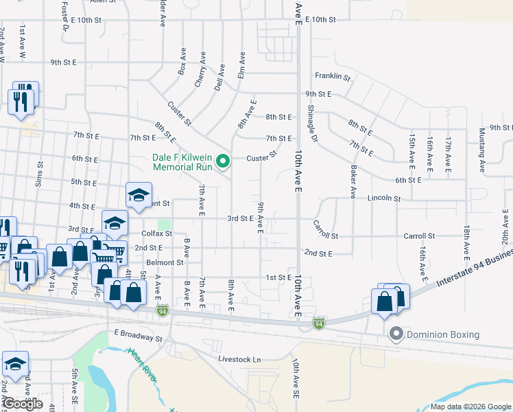 map of restaurants, bars, coffee shops, grocery stores, and more near 350 9th Avenue East in Dickinson
