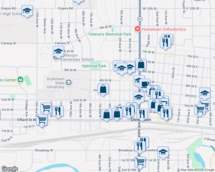 map of restaurants, bars, coffee shops, grocery stores, and more near 652-698 West 3rd Street in Dickinson