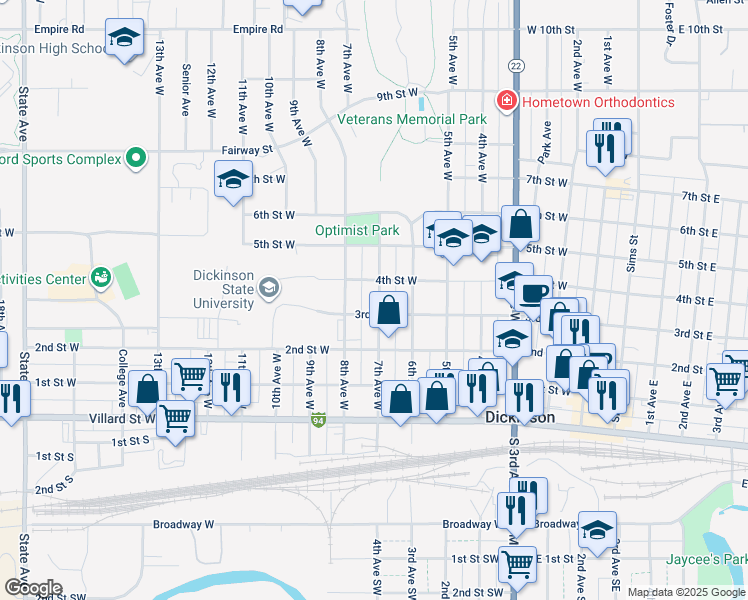 map of restaurants, bars, coffee shops, grocery stores, and more near 720 3rd Street West in Dickinson