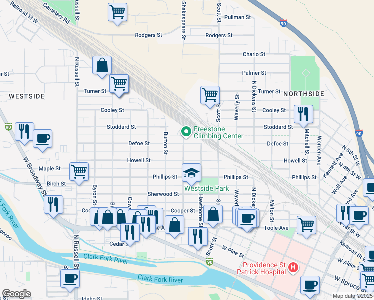 map of restaurants, bars, coffee shops, grocery stores, and more near 1120 Shakespeare Street in Missoula