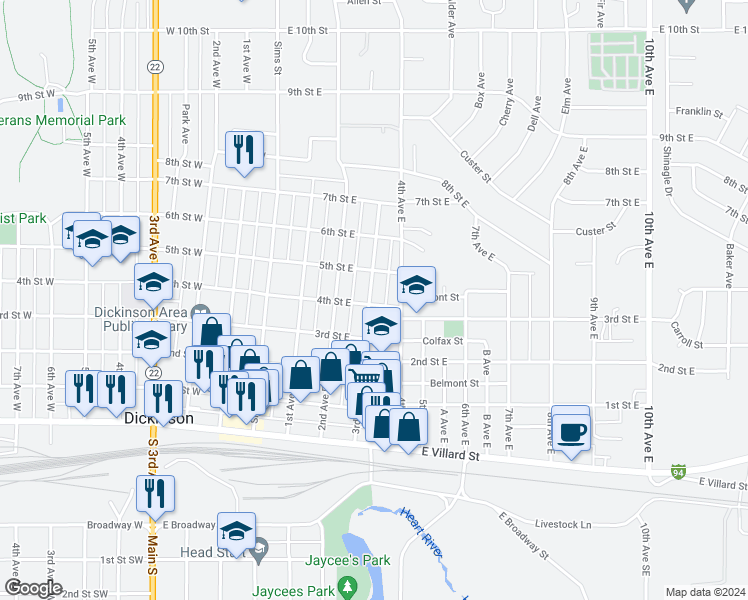 map of restaurants, bars, coffee shops, grocery stores, and more near 414 3rd Avenue East in Dickinson