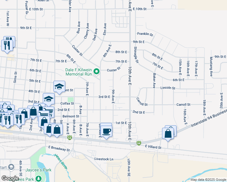 map of restaurants, bars, coffee shops, grocery stores, and more near 350 9th Avenue East in Dickinson