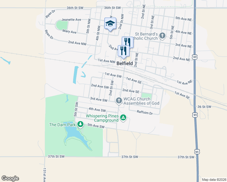 map of restaurants, bars, coffee shops, grocery stores, and more near 206 2nd Street Southwest in Belfield