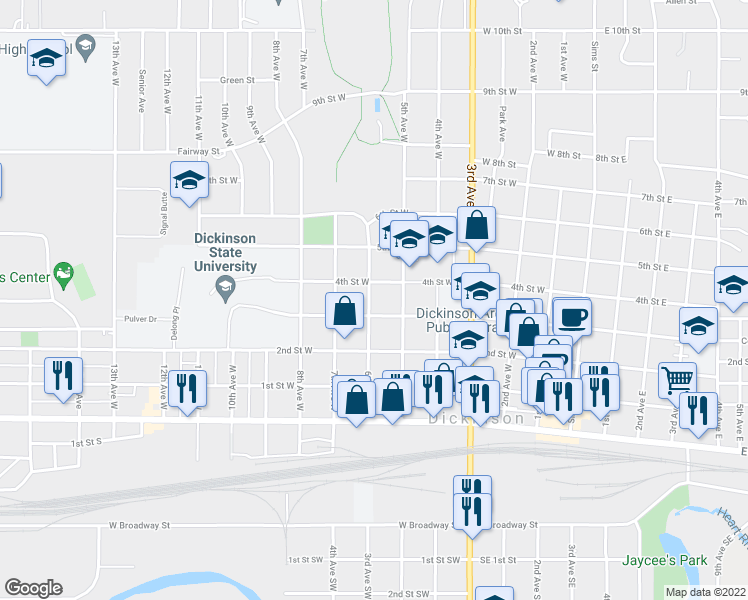 map of restaurants, bars, coffee shops, grocery stores, and more near 346 6th Avenue West in Dickinson