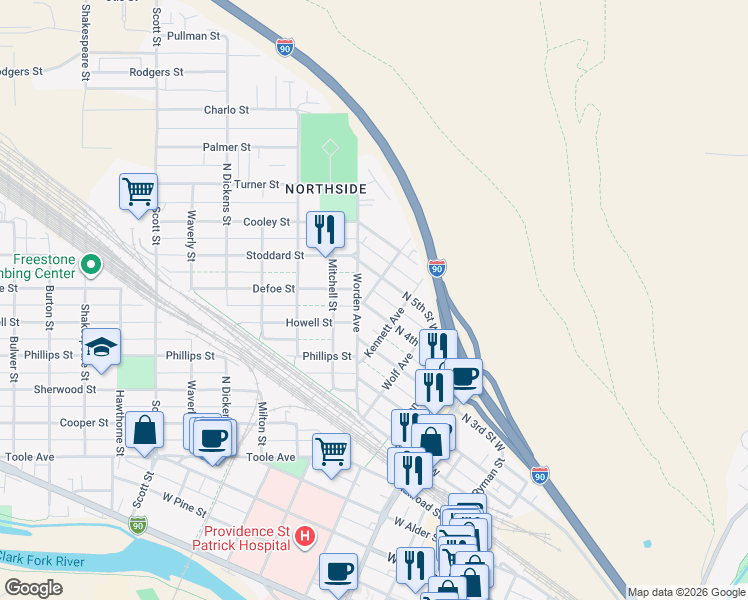map of restaurants, bars, coffee shops, grocery stores, and more near 734 N 4th Street West in Missoula