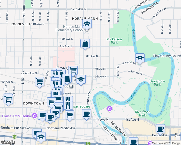 map of restaurants, bars, coffee shops, grocery stores, and more near 612 2nd Street North in Fargo