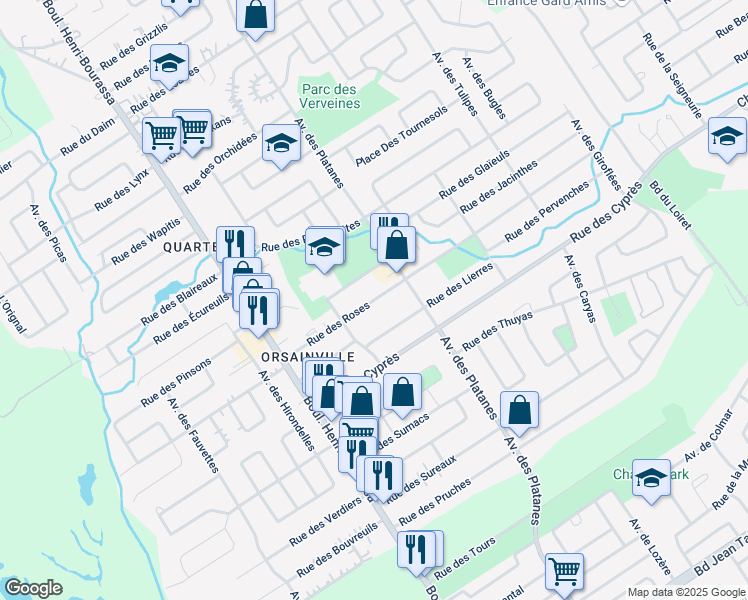 map of restaurants, bars, coffee shops, grocery stores, and more near 4402 Rue des Roses in Quebec